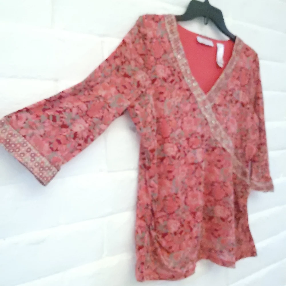 JH Collectibles Women's Large Nylon Mesh Stretch 3/4 Sleeves V-Neck Pink Gray - Picture 2 of 15